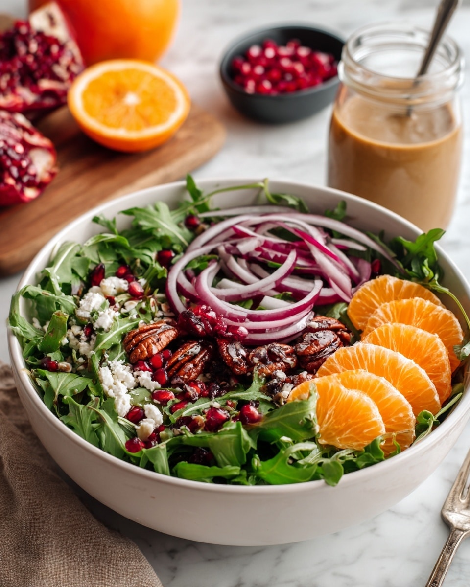 A white bowl full of fresh salad layers sits on a white marbled surface. The bottom layer is bright green leafy arugula with a slightly rough texture. On top of the greens are bright orange slices, soft red onion rings, dark red pomegranate seeds, and small chunks of white cheese scattered across. There are also small brown pecans mixed in, adding a rough texture. To the upper right of the bowl, there is a glass jar filled with light brown salad dressing. In the background, a wooden board holds half an orange and a small black dish with pomegranate seeds. The whole scene has natural, soft lighting. photo taken with an iphone --ar 4:5 --v 7