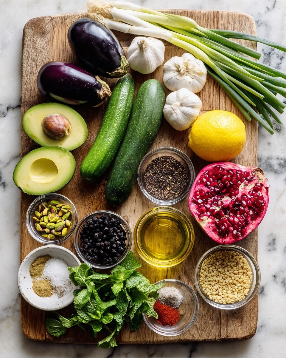 A wooden cutting board on a white marbled surface holds a colorful arrangement of fresh ingredients. Starting from the bottom left, there are two halves of a ripe avocado with a green inside, next to a bunch of fresh mint with bright green leaves. Near the center, there are two dark purple eggplants, three green zucchinis, and one yellow squash placed side by side. Above these are two green onions with long green leaves and three heads of garlic. Near the top right, there is a round red pomegranate with a bright yellow lemon half cut open beside it, and some green parsley leaves to the right. Several small black and clear glass bowls are spread across the board; one contains shelled pistachios, another has black raisins, a bowl with red pomegranate seeds, and bowls with salt, pepper, yellow spice powder, and brown spice powder. A glass bowl full of golden olive oil sits near the center, and another glass bowl filled with small beige grains is near the bottom right. Photo taken with an iphone --ar 4:5 --v 7