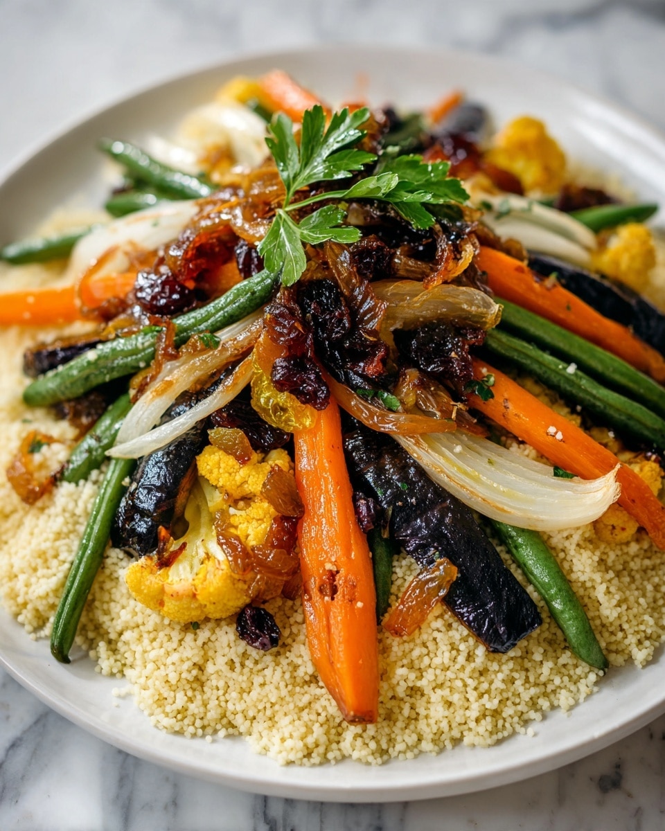 A white plate filled with a layer of grainy couscous forming the base, topped with a mix of colorful vegetables including orange carrots, white cauliflower, green beans laid out like spokes, and pieces of dark green eggplant. On top of the vegetables, there is a small pile of caramelized onions with some golden raisins scattered around, finished with a sprig of green parsley in the center. The plate sits on a white marbled surface. Photo taken with an iphone --ar 4:5 --v 7