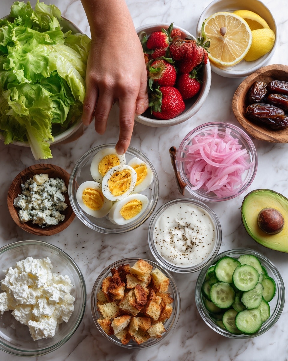 The image shows many small white bowls and clear containers arranged on a white marbled surface, each holding different fresh ingredients. There are bright green lettuce leaves in one clear container and ripe red strawberries in another. A small glass bowl holds shiny dark brown date pieces. There is a sliced yellow lemon half, pale pink pickled onions in a white bowl, crumbled white cheese with blue veins in a small bowl, and juicy cucumber slices in a wooden bowl. A bowl of smooth white yogurt or cream is present, along with golden brown crispy croutons in a clear bowl. A small dish holds halved boiled eggs with bright yellow yolks, sprinkled with black pepper. There is a bowl with white mayonnaise and some fresh herbs like dill and basil in a wooden bowl. Half an avocado with a dark seed sits next to the bowls. In the top left corner, a woman’s hand is visible reaching for the lettuce. Photo taken with an iphone --ar 4:5 --v 7