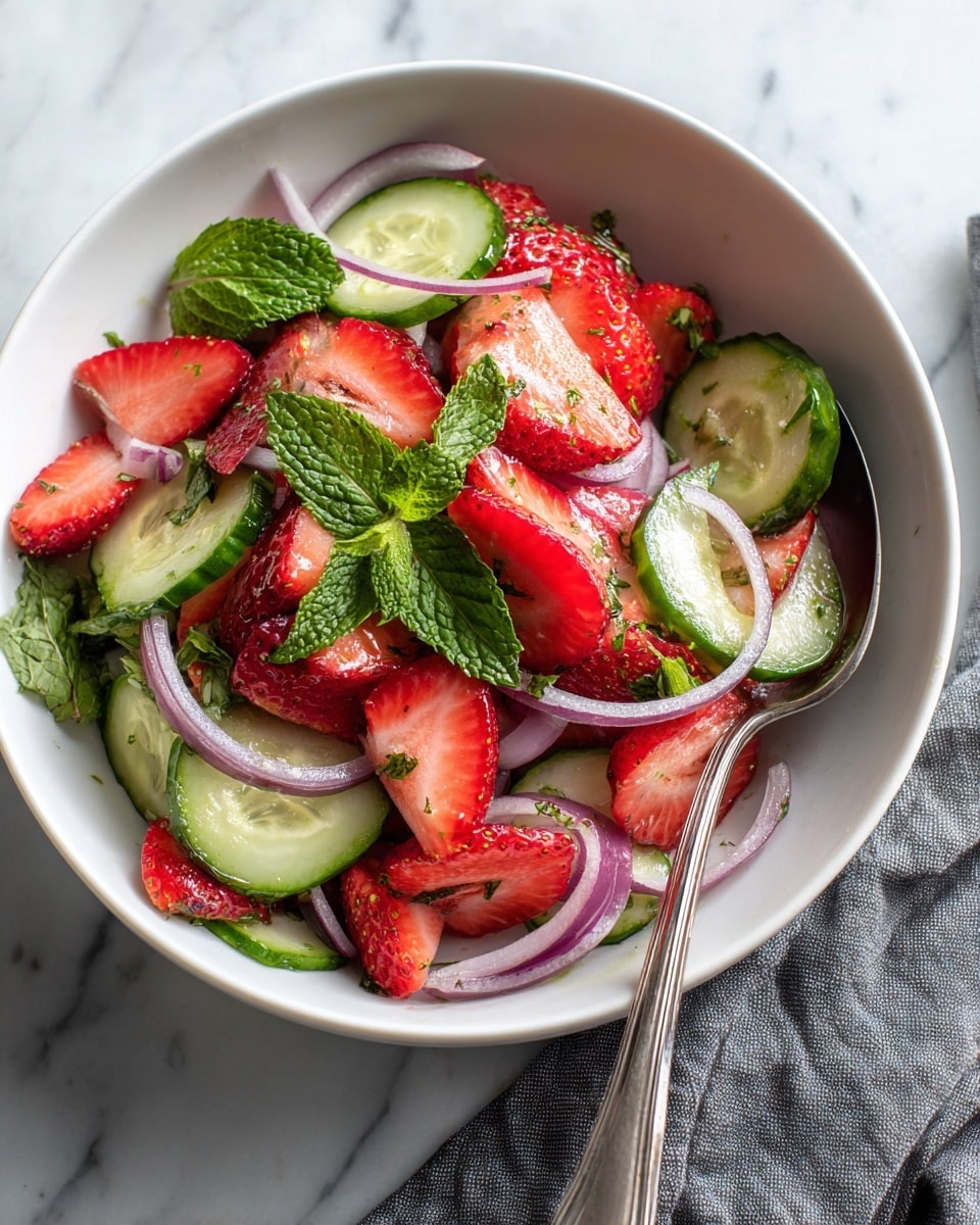 A white bowl filled with a fresh salad showing three main layers: bright red strawberry slices scattered throughout, pale green cucumber slices with their dark green skins, and thin slices of light purple red onion mixed evenly. Small bright green mint leaves are placed on top, adding a touch of freshness. A silver spoon rests inside the bowl on the right side. The bowl sits on a white marbled surface with a gray cloth partially visible near the bottom right. Photo taken with an iphone --ar 4:5 --v 7