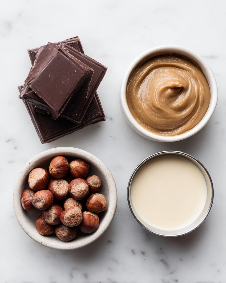 Four small white bowls sit on a white marbled surface. The first bowl contains several thick, rectangular dark chocolate pieces stacked on top of each other. The second bowl holds whole hazelnuts with brown shells. The third bowl is filled with a smooth light brown paste. The fourth bowl has a white liquid with a creamy texture. Each bowl is arranged neatly, showing clear textures from smooth liquid to rough nuts. photo taken with an iphone --ar 4:5 --v 7