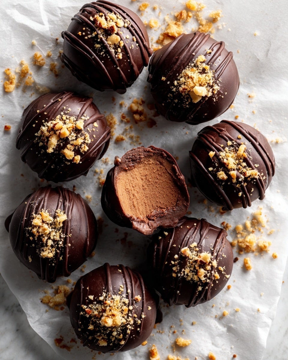 The image shows several round chocolate truffles placed on white parchment paper over a white marbled surface. Each truffle has a glossy, dark brown chocolate coating with thin chocolate drizzle lines on top and a sprinkling of small, light brown crushed nuts. One truffle is open, showing a rich, smooth inside layer that looks creamy and dark brown. The truffles are arranged in loose rows, with bits of crushed nuts and chocolate drizzle scattered around them, creating a casual and inviting look. photo taken with an iphone --ar 4:5 --v 7