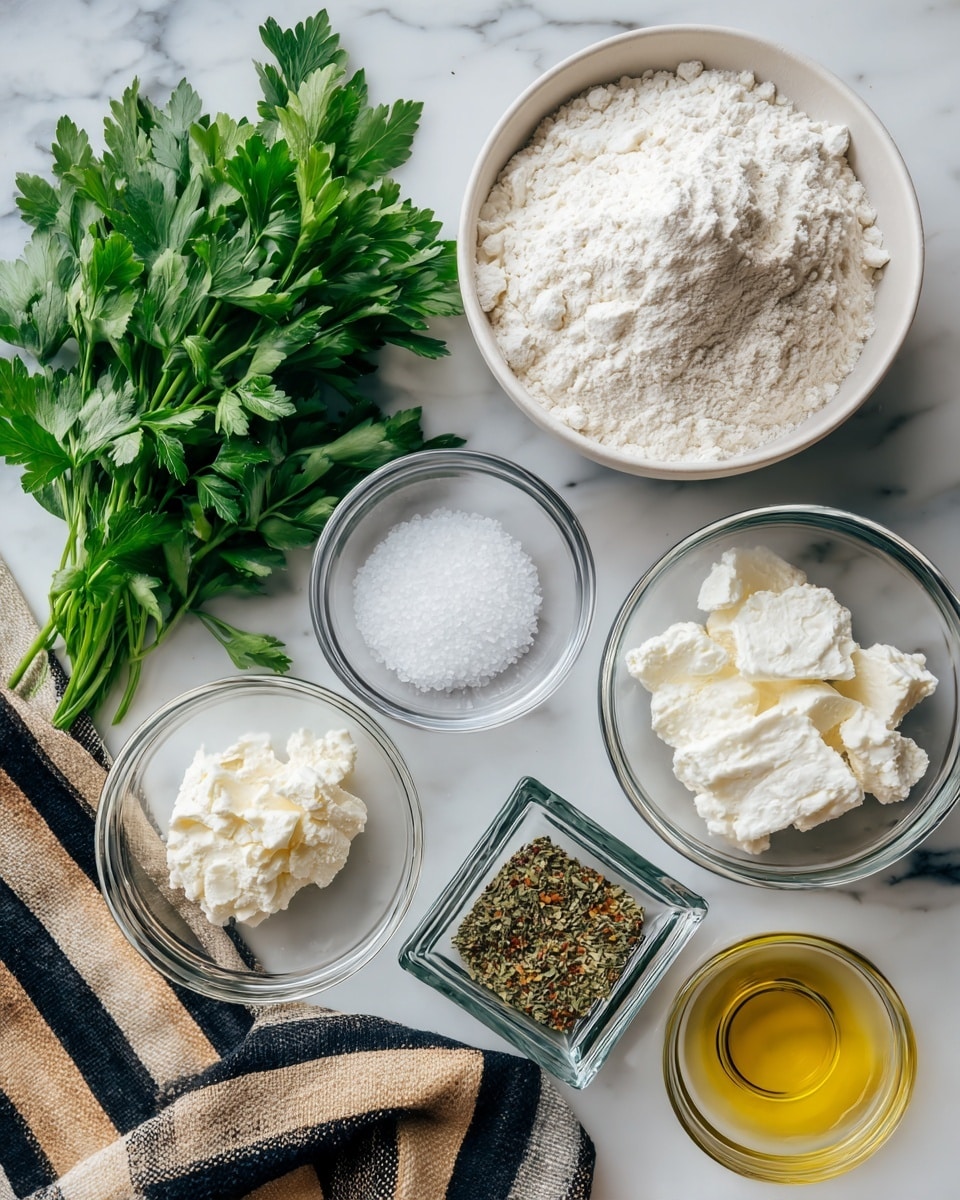 The image shows several small clear glass bowls arranged on a white marbled surface, each filled with different ingredients: a large white bowl holds white flour piled high with a slightly rough texture, nearby a bowl contains smooth white cream cheese, another bowl holds small round white salt crystals, one has fine white granulated sugar, and a square glass dish in the center contains mixed dried herbs in green and brown tones. There is also a small bowl filled with golden olive oil. On the left side of the image, a bunch of fresh green parsley with detailed leaves sits next to a folded striped cloth in black, beige, and white colors. photo taken with an iphone --ar 4:5 --v 7