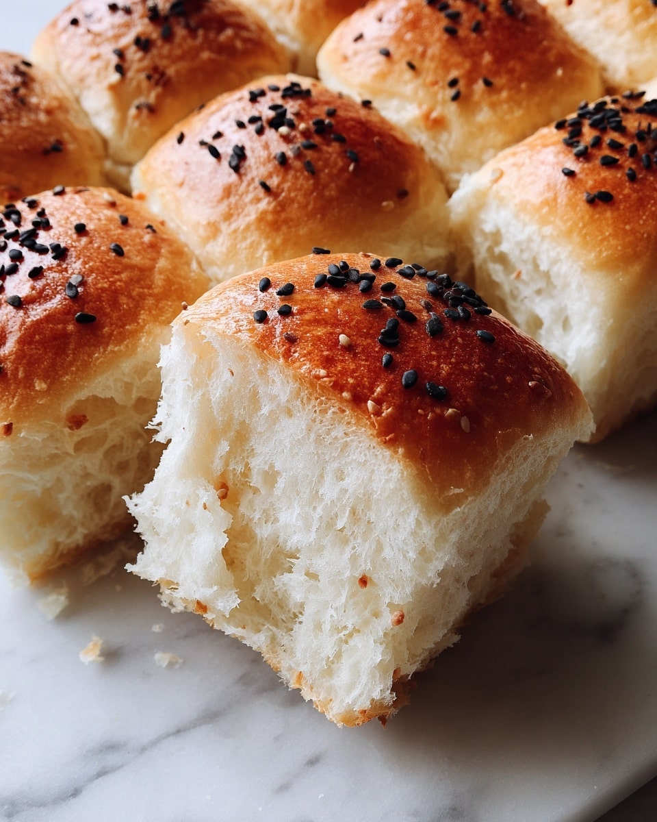 The image shows a close-up view of soft, golden-baked bread with a light texture inside visible in one piece lifted above the others. The bread is topped with scattered black sesame seeds on its light brown, slightly shiny surface. The bread pieces rest on a white marbled surface, highlighting their fluffy texture and light brown crust. Photo taken with an iphone --ar 4:5 --v 7
