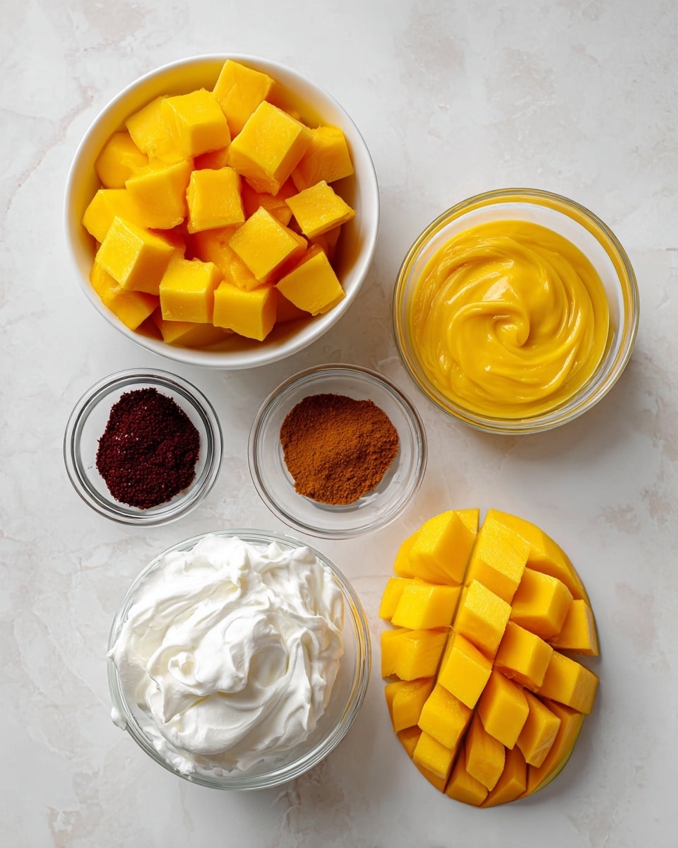 The image shows ingredients arranged on a white marbled surface: a white bowl filled with bright yellow mango cubes, a glass bowl with smooth yellow mango puree, a small glass bowl containing brownish red powder, a halved mango with a scored surface showing yellow flesh cubes, and a glass bowl full of thick white whipped cream. Additionally, there are packets and a box of unflavored gelatin placed near the bowls. photo taken with an iphone --ar 4:5 --v 7