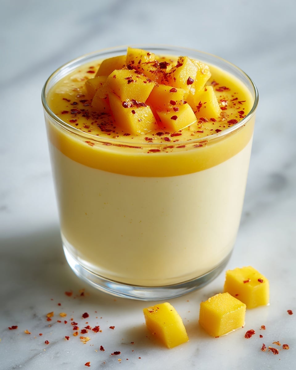 A clear glass cup shows a layered dessert with three visible layers. The bottom layer is thick and creamy with a pale yellow color, filling most of the glass. On top of this is a thin, smooth bright yellow layer that looks like a sauce or jelly. The top layer has small, cubed pieces of fresh mango, sprinkled lightly with red chili powder or spice, giving a contrast of yellow and red specks. There are a few loose mango cubes scattered on the white marbled surface around the glass. Photo taken with an iphone --ar 4:5 --v 7