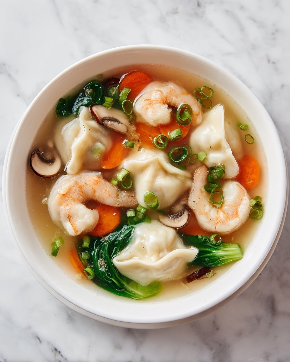 This dish shows a top view of a white bowl filled with a clear broth containing several layers. The base layer has light orange carrot slices, green bok choy leaves, and brown mushroom slices. On top of these are plump pale pink shrimp and soft white dumplings with visible folds, each sprinkled with small green onion pieces. The ingredients are evenly spread, showing a mix of colors—orange, green, pale pink, brown, and white—against the light broth, creating a fresh and inviting look. The bowl is set on a white marbled surface photo taken with an iphone --ar 4:5 --v 7