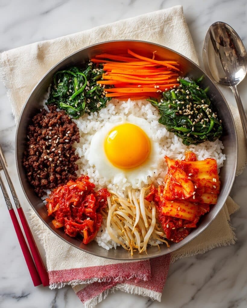 Easy Ground Beef Bibimbap: Korean Rice Bowl with Vegetables and Spicy Gochujang Sauce Recipe