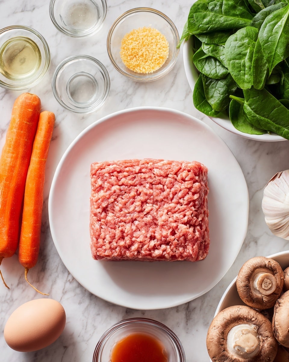 The image shows a white plate in the center with a square block of raw ground meat that has a pinkish-red color and a slightly textured surface. Surrounding the plate on a white marbled surface are various ingredients: to the left, two whole peeled carrots with a bright orange color lay side by side; above them is a white bowl filled with fresh green spinach leaves that look smooth and shiny. At the top, there are three small glass bowls containing different liquids and a small amount of yellow granules, placed next to two garlic cloves. To the right, there is a white bowl holding several whole brown mushrooms with light and dark brown caps and visible stems. At the bottom, a white egg sits near the mushrooms, and a small transparent bowl with a reddish-brown liquid is visible near the carrots. Photo taken with an iphone --ar 4:5 --v 7