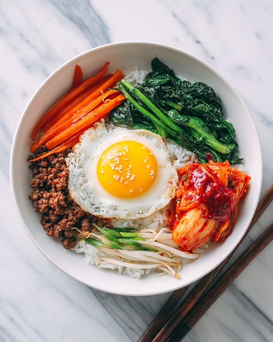 A white bowl filled with a base layer of white rice topped with several distinct layers forming a colorful dish. There are bright orange carrot sticks neatly placed on one side, vibrant green cooked spinach next to it, and white bean sprouts arranged beside the egg. A sunny side up fried egg with a bright yellow yolk sits slightly off-center on top of the rice. Below the egg is a portion of browned ground meat, and next to it is a rich red sauce. On the side of the bowl, there is also a serving of orange-red kimchi. The bowl is placed on a white marbled surface with chopsticks nearby. photo taken with an iphone --ar 4:5 --v 7