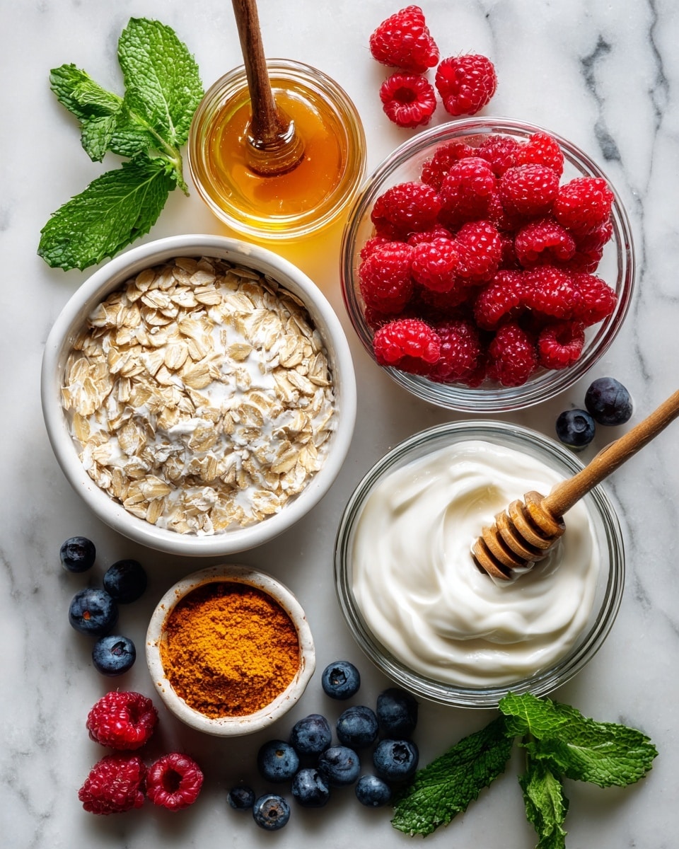 The image shows a white marbled surface with small clear glass bowls and a small white bowl. The bowls hold different ingredients: rolled oats in the white bowl on the left, golden honey in a jar with a small wooden dipper in the middle upper part, fresh red raspberries in a glass bowl on the upper right, and white yogurt with a wooden honey dipper in a glass bowl on the lower right. There is also a small bowl filled with a rusty orange powder in the center. Around the bowls are some loose blueberries, raspberries, and fresh green mint leaves, arranged in a neat pattern. photo taken with an iphone --ar 4:5 --v 7