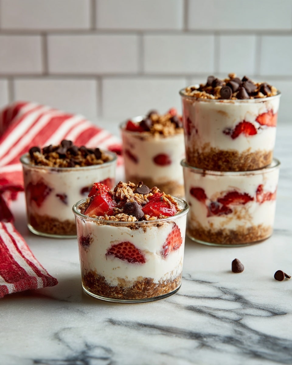 The image shows five small dessert cups on a white marbled surface, each with two visible layers. The bottom layer is a light brown, crumbly texture that looks like granola or crushed nuts. The top layer is creamy white with bits of red fruit inside, showing pieces of strawberries or similar red berries. One cup in the front clearly shows chunks of red fruit mixed in the white creamy layer. Two cups in the back are stacked, one topped with small dark chocolate chips and the other topped with granola. The background has white subway tiles and a red and white striped cloth is partially visible on the left side. The photo taken with an iphone --ar 4:5 --v 7