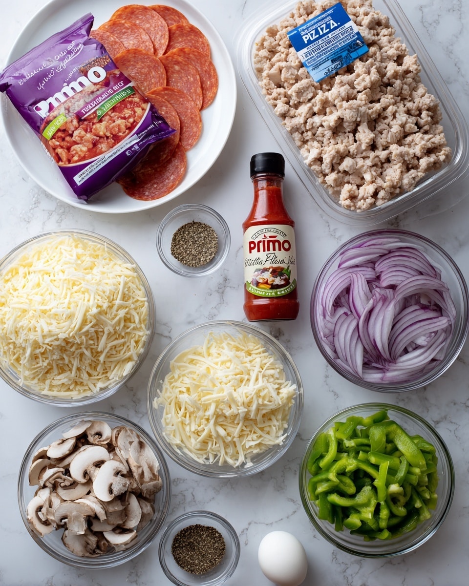 The image shows various ingredients arranged neatly on a white marbled surface. There is a clear plastic container of ground chicken with a blue and white label in the top right. Near it, a clear glass bowl holds thinly sliced red onion with a purple color. Below, a clear glass bowl is filled with shredded white cheese. To the left, a white plate has a package of sliced turkey pepperoni in its original purple packaging. In the center is a bottle of Primo original pizza sauce, small white bowls with black pepper and dried Italian seasoning, and a white egg. At the bottom, there are clear glass bowls containing chopped green bell pepper, sliced mushrooms, and shredded cheese, all in neat piles. The photo was taken with an iphone --ar 4:5 --v 7