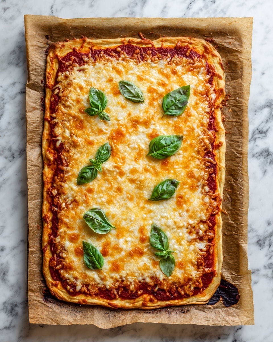 A rectangular pizza sits on brown parchment paper with a thin, golden crust around the edges. The base layer is a deep red tomato sauce evenly spread, topped with a thick layer of melted orange and white cheese that covers the entire surface. Six fresh green basil leaves are placed on top, spaced out to add a pop of color against the cheese. The parchment paper shows some dark baked spots near the edges, and the background is a white marbled texture. Photo taken with an iphone --ar 4:5 --v 7