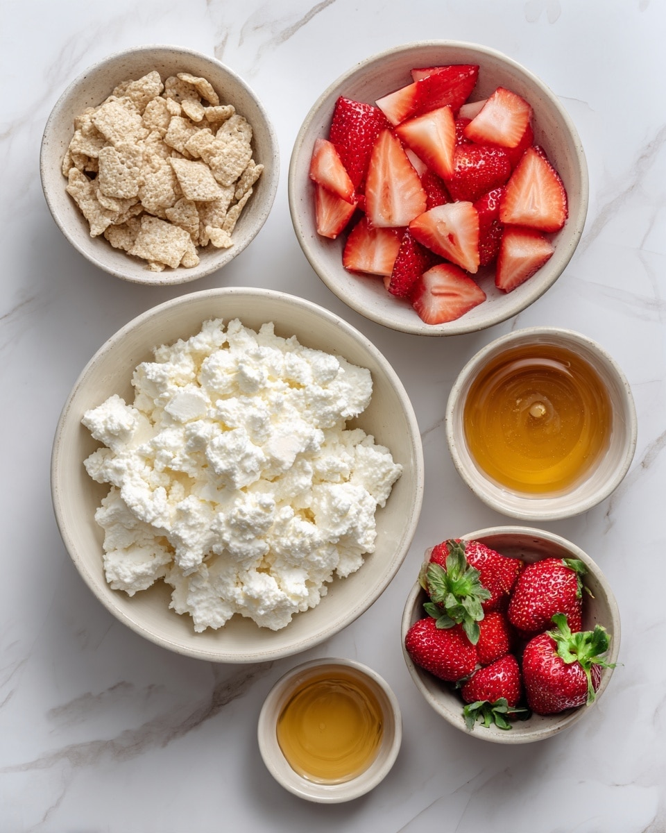 Five white bowls sit on a white marbled surface, arranged with one larger bowl in the center and four smaller bowls surrounding it. The center bowl holds a lot of white cottage cheese with a chunky, soft texture. Above it and slightly to the right, a small bowl is filled with sliced red strawberries showing their juicy inside. To the left of that bowl, another small bowl contains light brown crunchy cereal pieces irregular in shape. Below the cereal bowl, a small bowl filled with smooth golden honey rests. At the bottom right, another small bowl holds whole fresh red strawberries with green leaves on top. The photo taken with an iphone --ar 4:5 --v 7