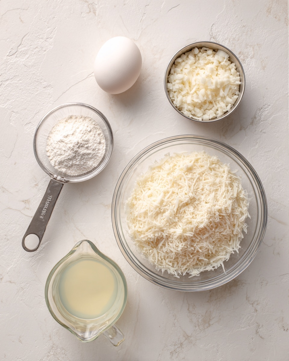 The image shows five ingredients on a white marbled surface, neatly arranged. There is a large clear glass bowl filled with shredded food that is light beige and white. To the top right, there is a small metal bowl filled with finely diced white pieces. Above the shredded food, slightly to the left, is a clear glass bowl holding a single white egg. To the left of the egg, there is a metal measuring spoon with white powder. Below the egg and to the left of the shredded food is a clear glass pitcher with a light yellow liquid. The scene is simple and clean with soft natural light, photo taken with an iphone --ar 4:5 --v 7