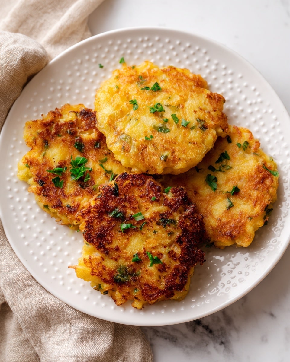 A white plate with small raised dots around the edge holds four light golden brown fritters arranged closely together. Each fritter is round with crispy edges and a slightly uneven texture showing bits of grated vegetables inside. Small green chopped herbs are sprinkled lightly over the fritters, adding a fresh touch of color. The plate sits on a white marbled surface with a beige fabric cloth partially visible in the background. The photo taken with an iphone --ar 4:5 --v 7