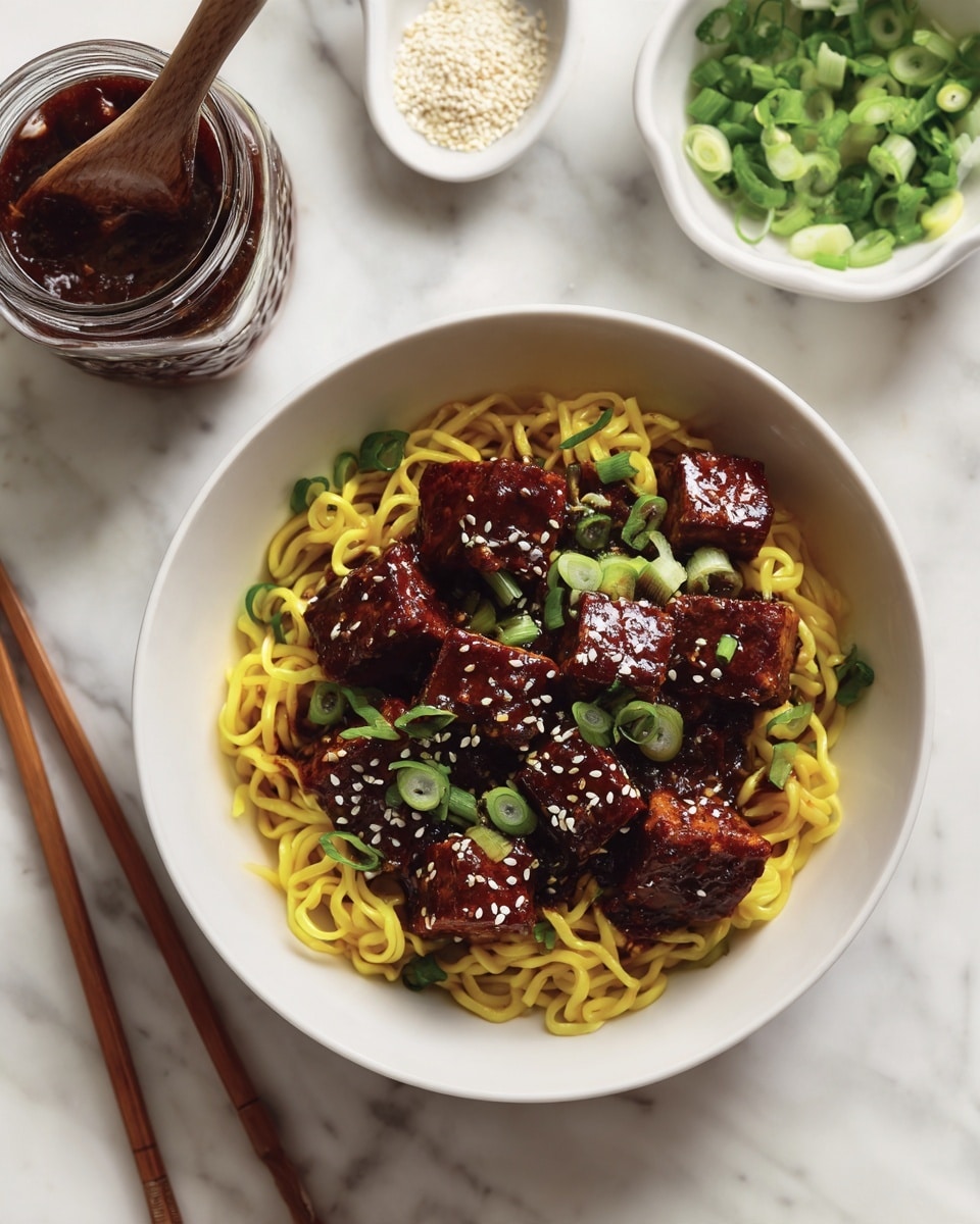 A white bowl filled with thick yellow noodles forms the base layer, topped with several browned tofu pieces coated in a dark reddish-brown sauce. The tofu is sprinkled with white sesame seeds and chopped green onions, adding pops of green and white. To the left, a clear glass jar with a wooden spoon holds a dark chili sauce. Two pairs of wooden chopsticks rest on the white marbled surface nearby. In the upper right, a small white bowl holds more green onions, and another small white bowl contains white sesame seeds. The whole scene is set on a white marbled surface with soft natural light, photo taken with an iphone --ar 4:5 --v 7