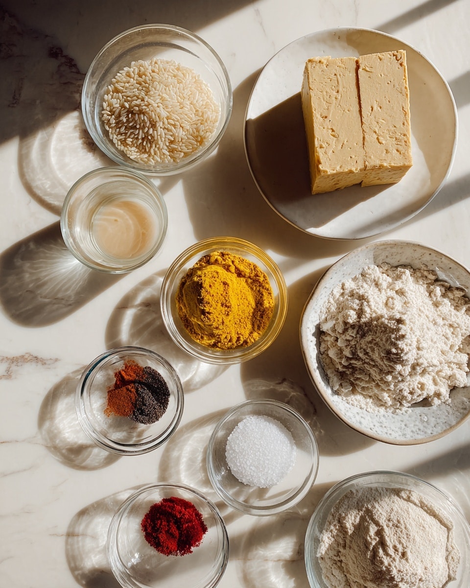 The image shows seven small bowls placed on a white marbled surface in a scattered arrangement. At the top right, a white plate holds a solid pale beige block, likely tofu. To the top left, a glass bowl contains off-white rice grains. Below the rice, a small glass with a light beige liquid stands. To the right center is a bowl with bright yellow powder, next to the tofu plate. Further down, two smaller bowls hold dark brown pepper and bright red powder, respectively. At the bottom right, a larger glass bowl contains white flour, and next to it on the left is a bowl filled with white salt. The scene is bright with natural light and clear shadows, photo taken with an iphone --ar 4:5 --v 7