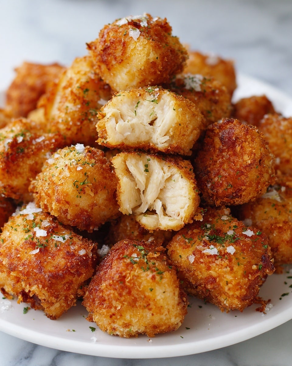 The image shows many small, golden brown crispy nuggets with a crunchy texture, some sprinkled with dried green herbs and tiny white flakes on top. One nugget is held above the others, broken open to reveal a soft, light beige inside contrasted with the crunchy outside. All nuggets sit closely together on a white plate, which is placed on a white marbled surface. photo taken with an iphone --ar 4:5 --v 7