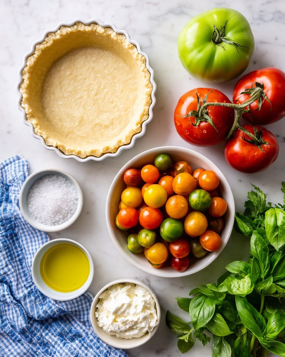 This image shows several fresh ingredients arranged on a white marbled surface. At the top left, there is an empty tart crust in a fluted white tart pan. Below that, there are two green tomatoes with smooth, shiny skin. In the middle, a white bowl is full of small red, orange, and yellow cherry tomatoes that have a glossy texture. To the right of the bowl, a cluster of three red vine tomatoes sits with bright green stems. Near the top center, a small white bowl contains coarse salt. Below the green tomatoes, another small white bowl is filled with a creamy white cheese that looks soft and spreadable. To the bottom left, a third small white bowl holds golden yellow olive oil. Fresh green parsley and basil leaves lie on a blue-and-white checkered cloth in the lower right corner. photo taken with an iphone --ar 4:5 --v 7