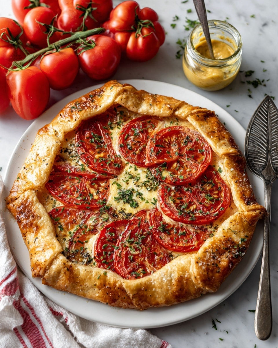 A rustic tart sits on a white plate over a white marbled surface, showing a golden brown puff pastry crust that is thick and flaky with crimped edges. Inside the crust, there are seven overlapping bright red tomato slices arranged in a circle, each sprinkled with green herbs and small bits of white cheese. The cheese has melted into a creamy layer beneath the tomatoes, visible in some spaces between the slices. Behind the plate, clusters of fresh red tomatoes with green stems and a jar of mustard with a spoon inside add color and context to the scene. A white and red striped cloth peeks from under the plate and a vintage metal spatula with a cutout leaf design rests beside it. Photo taken with an iphone --ar 4:5 --v 7