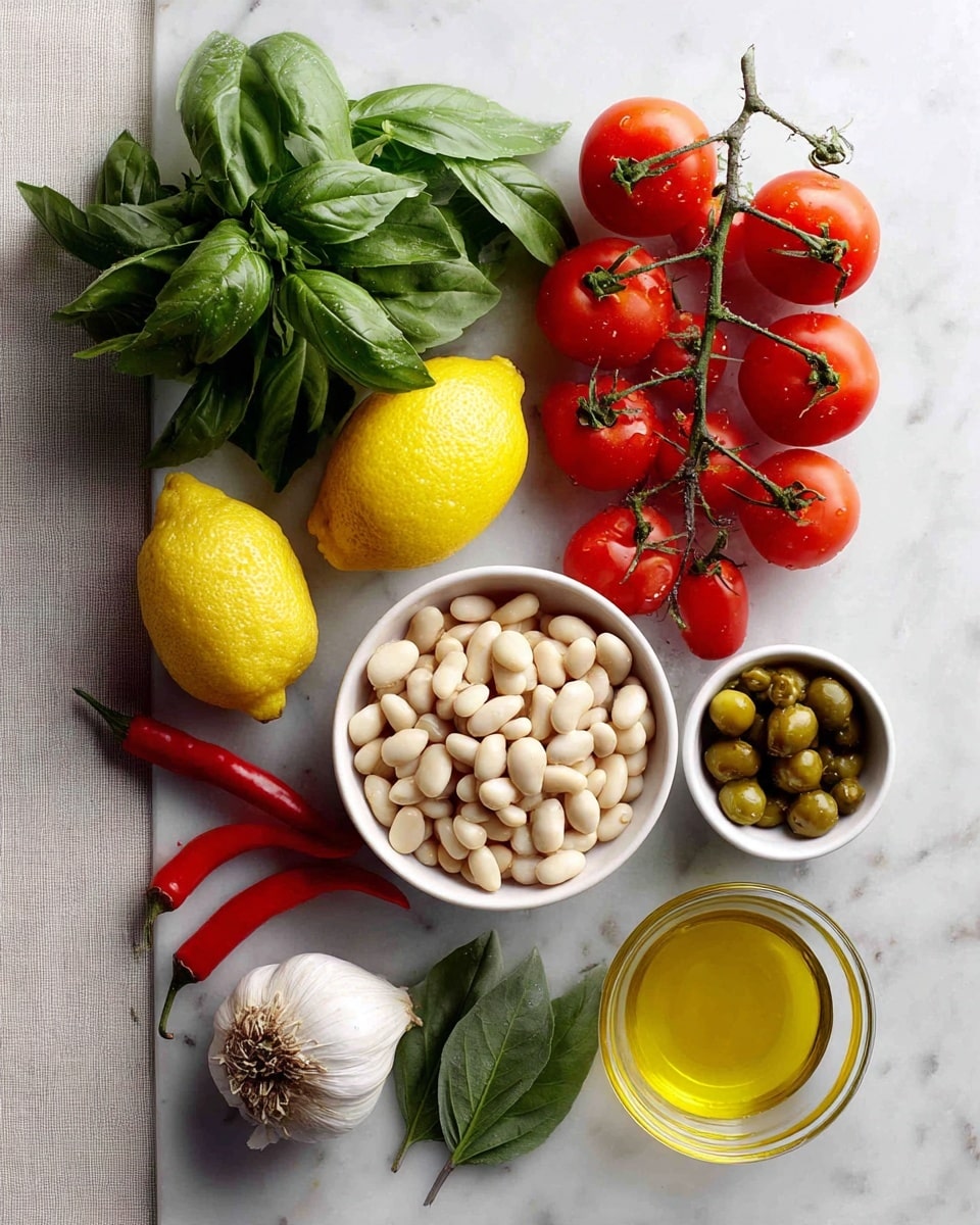 The image shows a flat white marble surface with an arrangement of fresh ingredients. On the left side, there is a large bunch of green basil leaves, next to a whole yellow lemon and a single garlic clove. In the center, there is a vine of bright red tomatoes. Below the tomatoes, there are two small red chili peppers and a couple of basil leaves. On the right side, there are three small white bowls: one with large white beans, one with green capers, and one with small red tomatoes on a vine. Near the bowls, there is a whole bulb of garlic and a small clear glass bowl filled with golden olive oil. The ingredients are spread out on a lightly textured white fabric. photo taken with an iphone --ar 4:5 --v 7