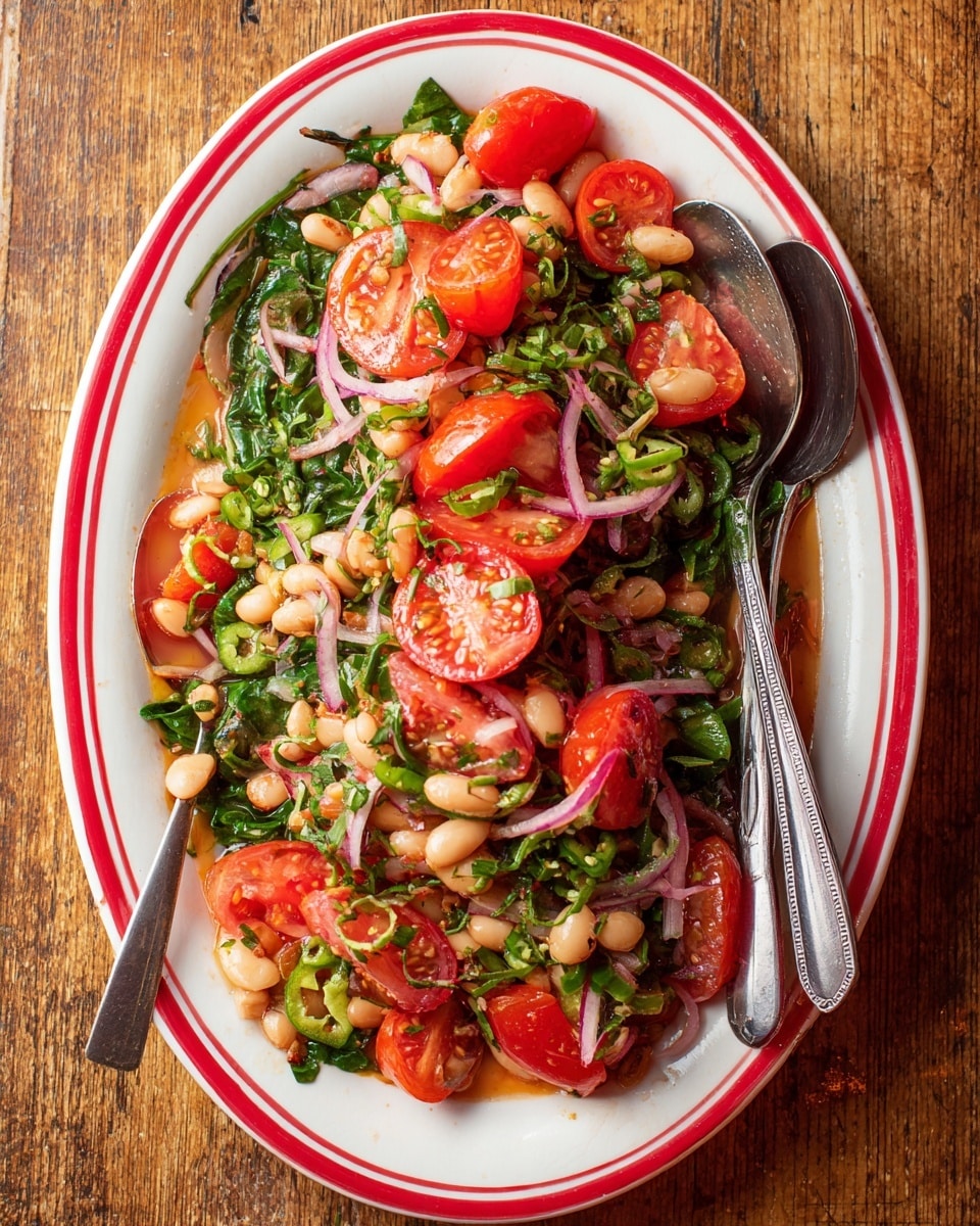The image shows a white oval plate with a red rim filled with a fresh salad. The salad has three main layers: the base is filled with white beans mixed with chopped green leafy herbs and spinach. On top, there are large chunks of bright red tomatoes, some whole and some sliced, scattered evenly. The third layer has chopped red onions and thin slices of green chili peppers, adding color and texture. Two silver spoons rest inside the plate near the front. The plate is placed on a wooden surface. photo taken with an iphone --ar 4:5 --v 7