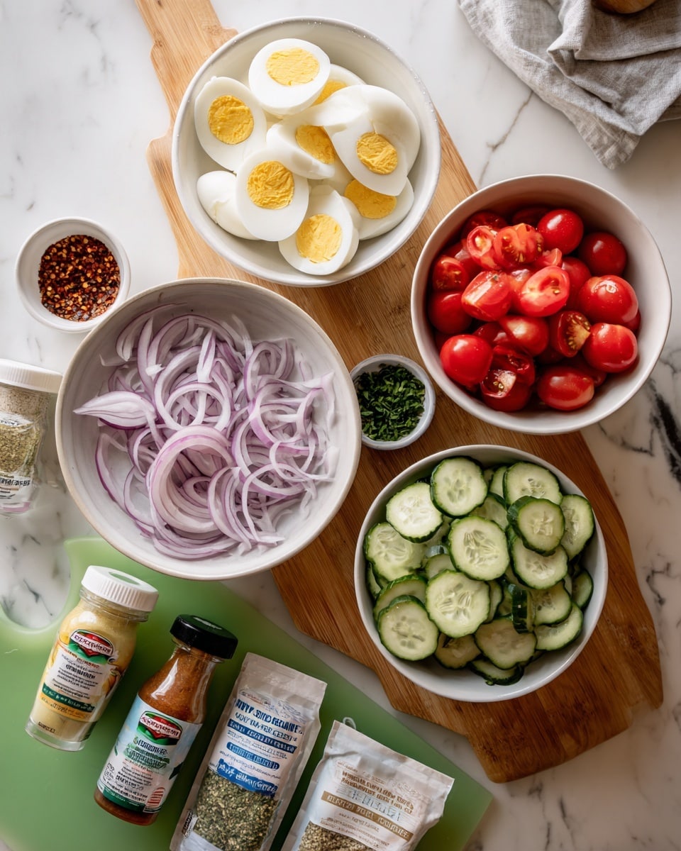 The image shows a white bowl with six peeled hard-boiled eggs on the top left and another white bowl next to it filled with bright red cherry tomatoes cut in half. Below these bowls, sliced cucumber pieces with green skin and pale green inside lie next to thinly sliced red onions with visible layers. A small white bowl filled with chopped green herbs sits near the onions, alongside another small white bowl containing red chili flakes. Several seasoning bottles and packets are arranged in the lower section, including a bottle of creamy mayo, honey mustard dressing, and spice mix, all placed on a bright green cutting board. The whole setup is on a white marbled counter. A woman’s hand is visible holding a piece of the spice container. Photo taken with an iphone --ar 4:5 --v 7