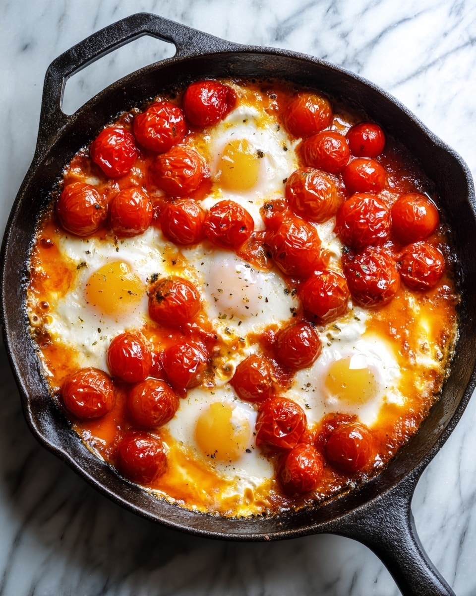 A black cast iron pan filled with a vibrant tomato and egg dish. The bottom layer is made up of bright red cherry tomatoes, some whole and some slightly broken, creating a juicy, glossy texture. On top, six soft eggs are placed evenly, their white parts cooked but still shiny, and yolks pale and partially visible under thin white coverage. The dish is bubbling with rich orange-red sauce from cooked tomatoes and egg mix, with slight spots of golden brown from cooking. The pan sits on a white marbled surface. photo taken with an iphone --ar 4:5 --v 7