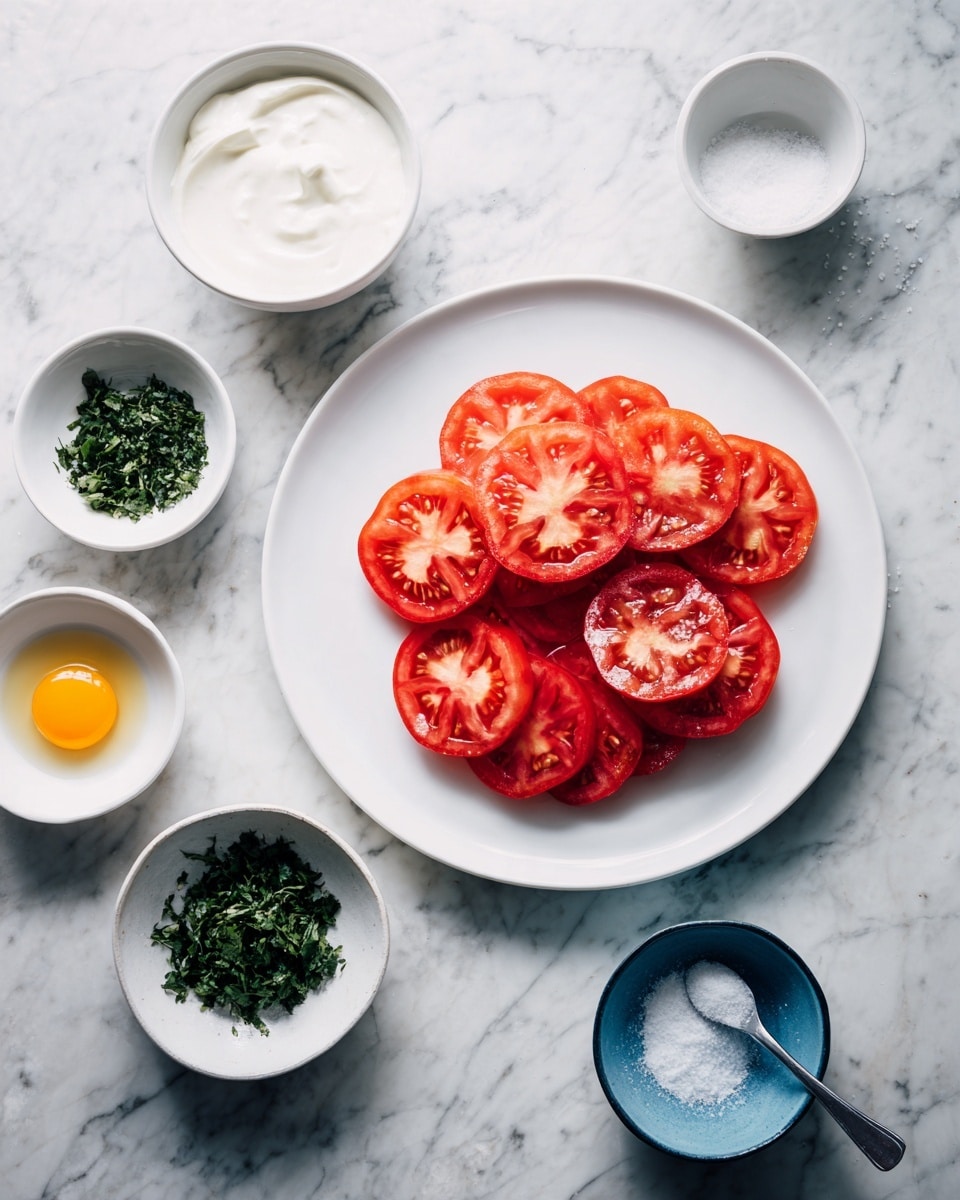 A white plate holds a circle of thin red tomato slices arranged closely, showing juicy textures and visible seeds. To the right of the plate on a white marbled surface is a small white bowl with a pinch of salt inside. In the second image on the same white marbled surface, five white bowls each hold different ingredients, arranged in a scattered pattern: fresh green chopped herbs in the top left bowl, a raw egg yolk in a bowl in the middle, some white salt in a small bowl on the right, a larger bowl filled with smooth white cream below the herbs, and a blue bowl holding a silver spoon that is scooping a white powder in the bottom right corner. Photo taken with an iphone --ar 4:5 --v 7
