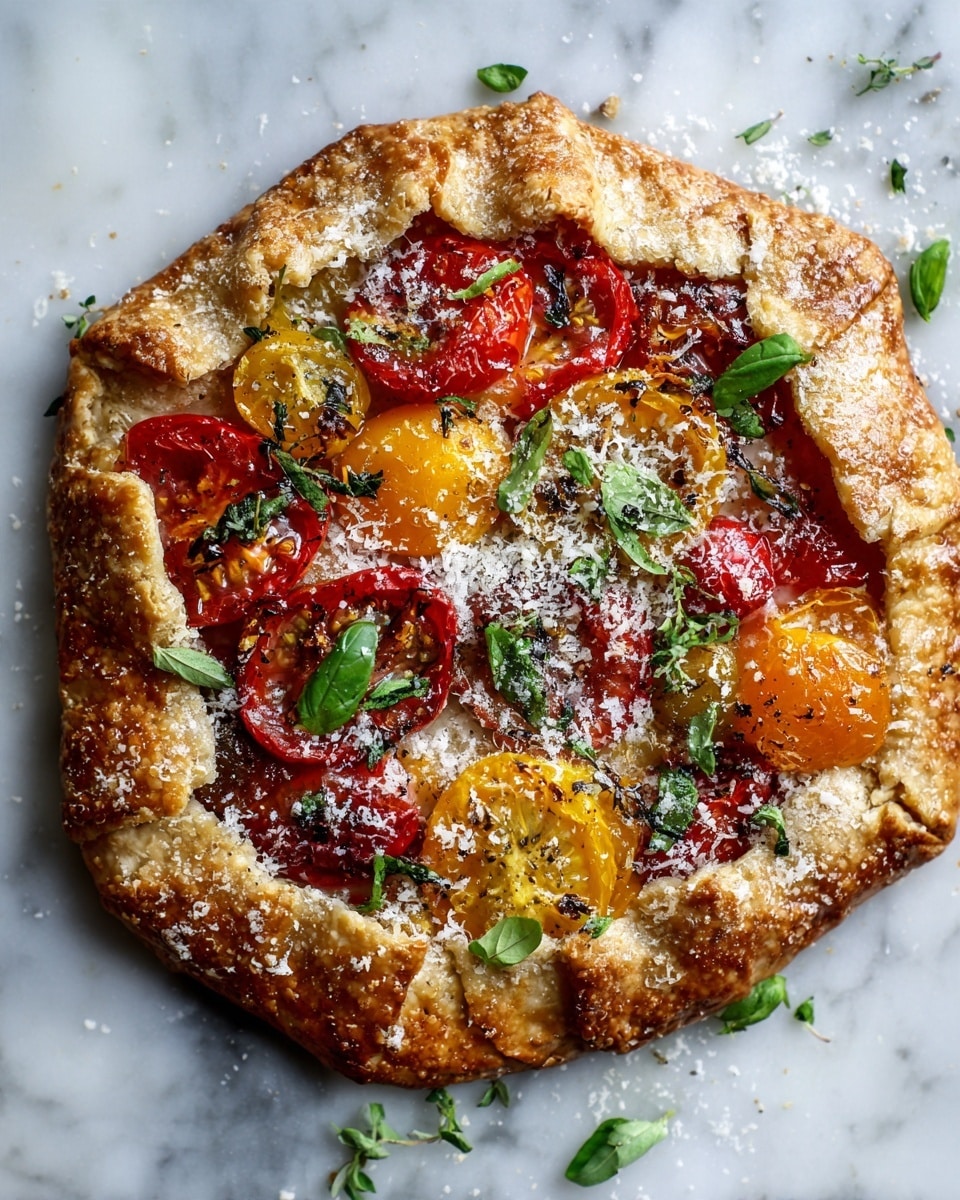The image shows a round galette with a thick, golden-brown crust folded up around the edges, slightly rough and flaky in texture. Inside, there are layers of sliced red and yellow tomatoes, some with charred, slightly wrinkled skins and visible black pepper specks. Small green herb leaves are scattered among the tomatoes, and a generous sprinkle of finely grated white cheese covers parts of the top, mainly near the edges where the crust folds. The galette sits on a white marbled surface. photo taken with an iphone --ar 4:5 --v 7