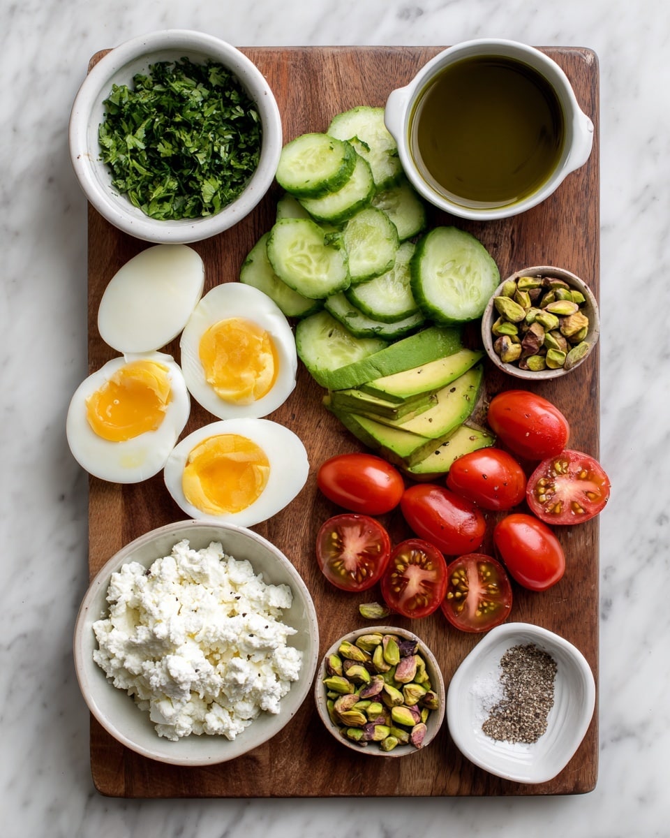 The image shows a wooden cutting board on a white marbled surface, with several small piles of fresh ingredients neatly arranged. Starting from the top left, there is a small pile of finely chopped green herbs. Next to it on the right is a small white bowl filled with dark green olive oil. To the right of the bowl, there is a group of bright red grape tomatoes, some whole and some halved. Below the tomatoes are two soft-boiled egg halves with bright yellow yolks. Below the eggs, there is a pile of sliced green cucumbers. To the left of the cucumbers are three thin slices of avocado with a smooth texture. Above the avocado, there is a small pile of crushed pistachios. In the bottom left corner, there is a white bowl filled with white cottage cheese. To the right of the bowl, there is a small white dish containing a mixture of ground black pepper and salt. The ingredients look fresh and vibrant, organized with clear space between each group. Photo taken with an iphone --ar 4:5 --v 7
