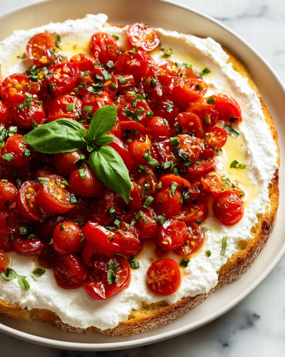 The dish shows a close-up of a white plate filled with soft white creamy cheese spread unevenly as the base layer. On top, there is a thick layer of bright red cherry tomatoes cut into halves and quarters, scattered across the cheese. Small green pieces of chopped herbs are sprinkled finely all over the tomatoes and cheese, with a few whole fresh green basil leaves placed on top for garnish. The edges of the plate show a bit of golden toasted bread peeking out under the cheese, adding a crunchy texture contrast. The plate is set on a white marbled surface. Photo taken with an iphone --ar 4:5 --v 7