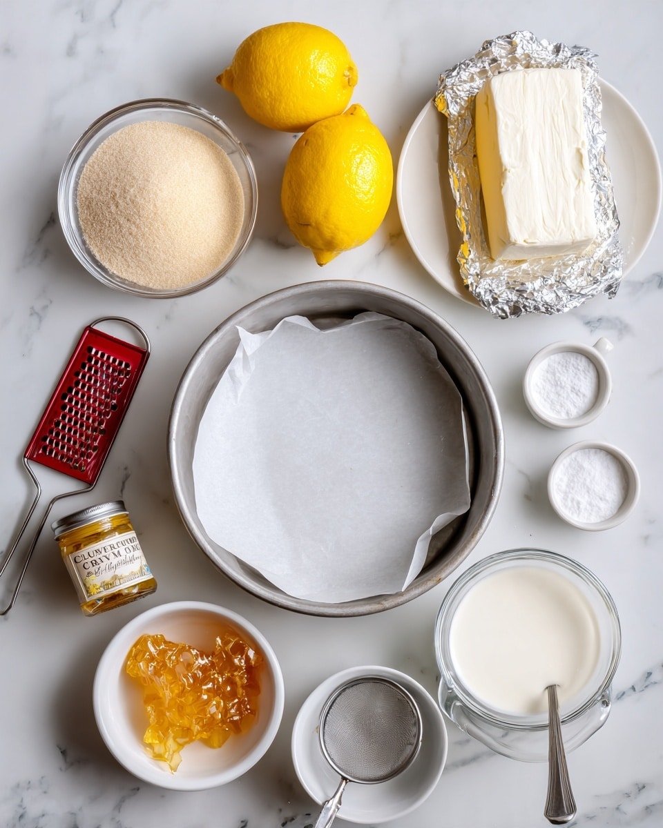 The image shows ingredients neatly arranged on a white marbled surface. At the center there is a round metal cake pan with parchment paper inside. Around it there are two bright yellow lemons and a red grater on the left side. On the top right, a white plate holds a block of cream cheese wrapped in foil. Nearby, a glass measuring cup is filled with cream. On the top left, a white bowl contains light brown sugar. A small white bowl with golden honeycomb sits below the measuring cup. There is a small metal strainer, a silver spoon, and a small glass jar labeled