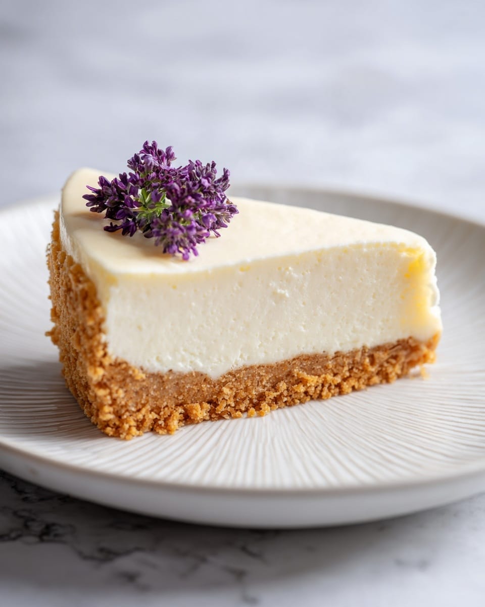A close-up image of a single slice of cheesecake on a white plate with a subtle textured pattern. The cheesecake has two distinct layers: a thick, dense, crumbly golden-brown crust at the bottom, and a smooth, creamy white layer of cheesecake on top. On the very top, there is a small sprig of dark purple edible flower positioned near the back edge of the slice. The background shows a soft, white marbled surface with gentle lighting highlighting the creamy texture of the cheesecake top. photo taken with an iphone --ar 4:5 --v 7