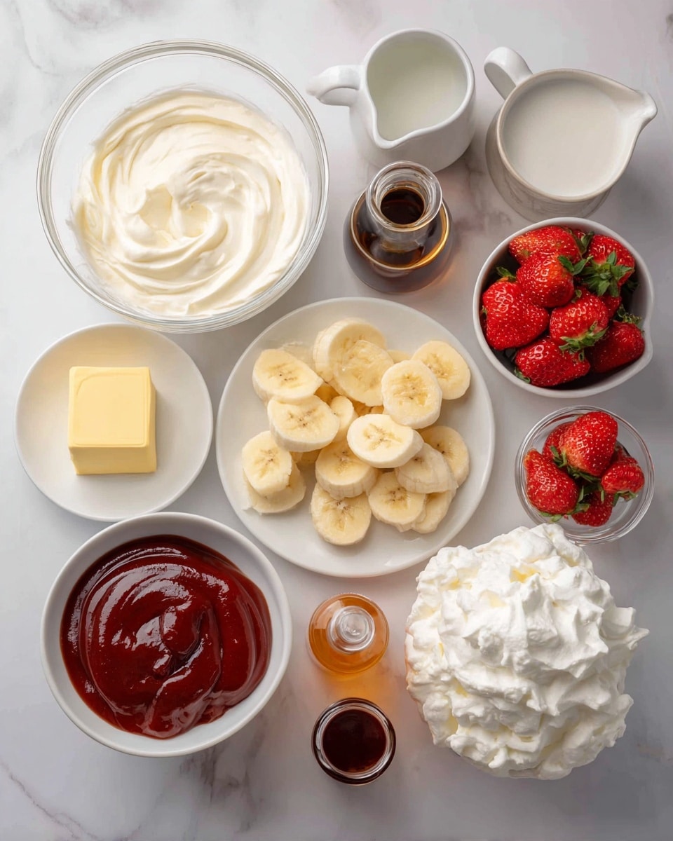 The image shows a variety of ingredients arranged on a white marbled surface. From left to right, there is a large clear glass bowl filled with creamy white liquid, a small white bowl with a square block of yellow butter, a smaller white bowl filled with pale yellow round chips, and a white plate holding neatly sliced banana rounds. Near the back, a small glass jug contains a dark brown liquid, a small white pitcher holds white liquid, and a white bowl is filled with bright red strawberries. On the right side, a white bowl contains fluffy white whipped cream. There are also three small bottles with brown, red, and orange liquids placed near the whipped cream, along with a white bowl of thick red sauce in the middle front. The setup is bright and clean, with all dishes neatly spaced. Photo taken with an iphone --ar 4:5 --v 7