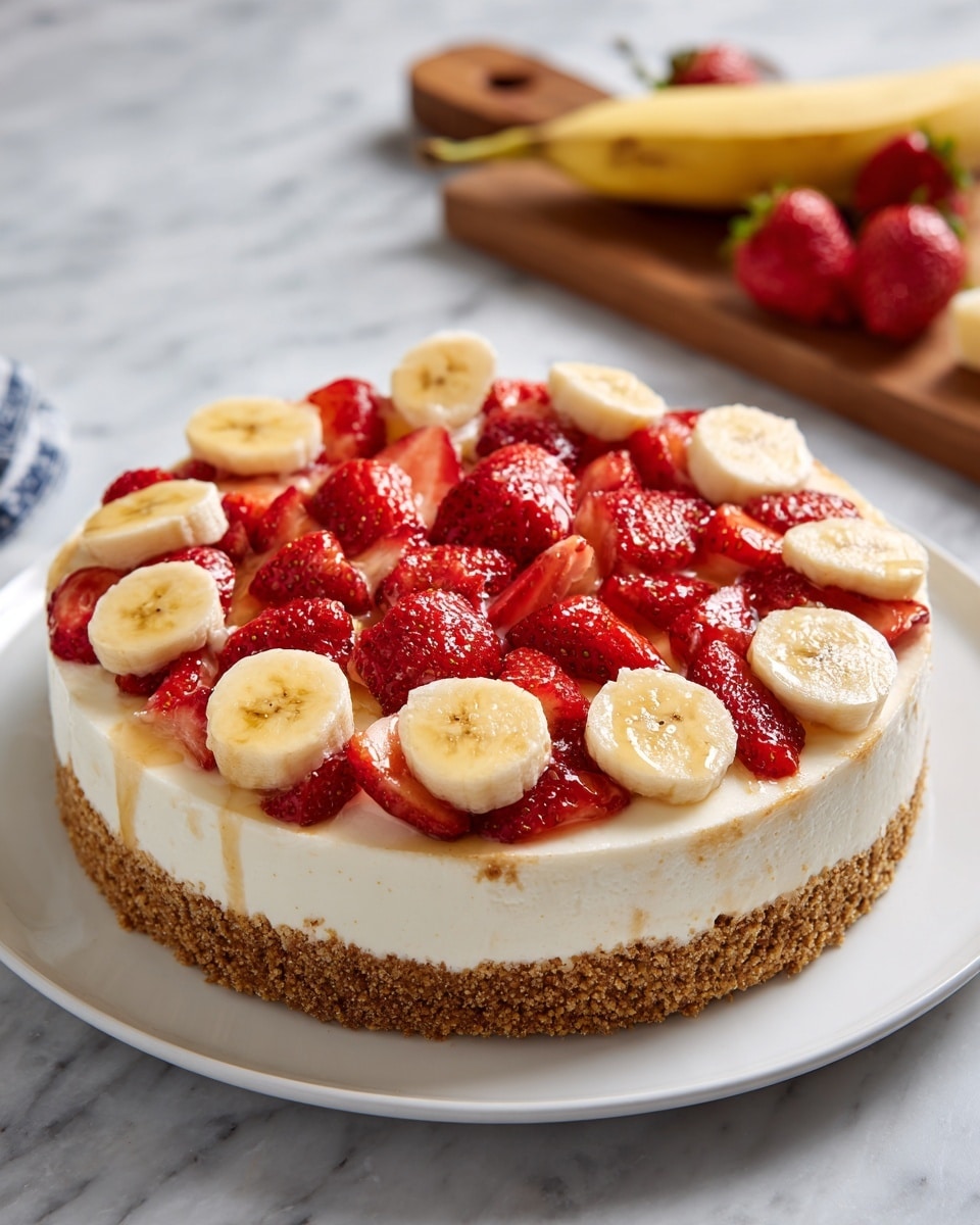 A white plate holds a round cheesecake with a light brown crumb crust at the bottom. The top layer is creamy white cheesecake, covered with fresh red strawberries and light yellow banana slices arranged in alternating rows, with a glossy shine on the fruit. In the background, a wooden board on a white marbled surface has a peeled banana and some halved strawberries blurred out. photo taken with an iphone --ar 4:5 --v 7