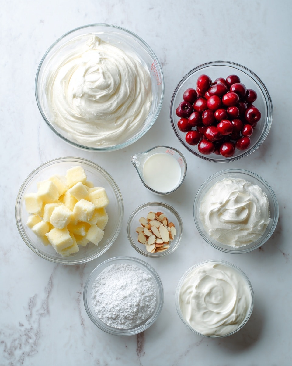 This image shows seven clear glass bowls on a white marbled surface. In the center, there is a bowl with light yellow cake pieces. To the left is a large bowl filled with smooth, white whipped cream. Above the cake bowl is a bowl with bright red cherries. To the right of the cherries is a small measuring glass with white milk. Below the milk is a tiny bowl with small almond pieces. At the bottom center is a bowl of white powdered sugar. To the right of the powdered sugar is a small bowl with thick white cream. The lighting is soft, and the setup is neat and clean. photo taken with an iphone --ar 4:5 --v 7