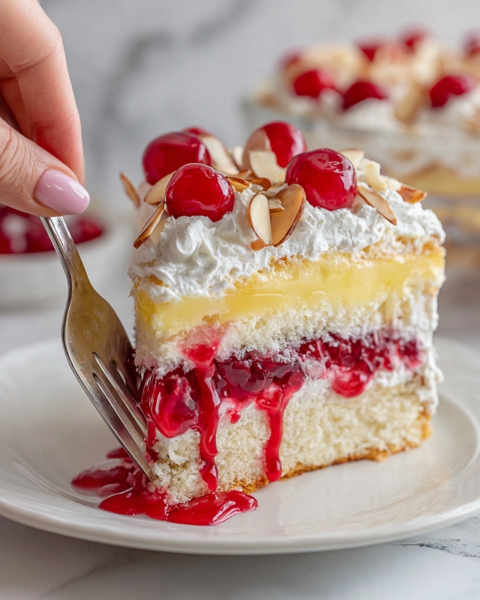 A close-up of a slice of layered dessert on a white plate, showing four main layers: the bottom layer is a soft, white cake soaked slightly in red cherry juice; the second layer has bright red cherries with thick red syrup dripping down; the third layer is a smooth, creamy yellow custard; the top layer is a fluffy white whipped cream, decorated with whole, shiny red cherries and thin almond slices. The background is out of focus with a white marbled texture, and a transparent dish with the rest of the dessert can be seen behind the slice. A woman's hand is holding a fork near the plate. Photo taken with an iphone --ar 4:5 --v 7