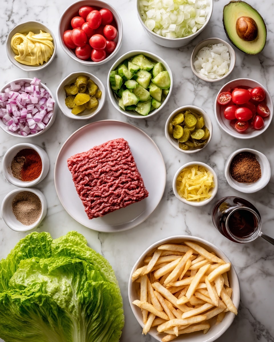 The image shows many ingredients placed neatly on a white marbled surface. At the center is a white plate with a raw square-shaped ground meat patty. Surrounding it are small white bowls and plates holding chopped red onion, avocado halves with green flesh and brown seed, minced white onion, yellow mustard, sliced pickles, and bright red cherry tomatoes cut in halves. There are also several small bowls with different powders and spices in brown, beige, and red colors. A large fresh green lettuce leaf is laid below the meat plate, and next to it is a white bowl filled with pale yellow French fries. A woman's hand is holding a small container with a dark liquid near the ingredients. Everything is arranged neatly and clearly visible. photo taken with an iphone --ar 4:5 --v 7