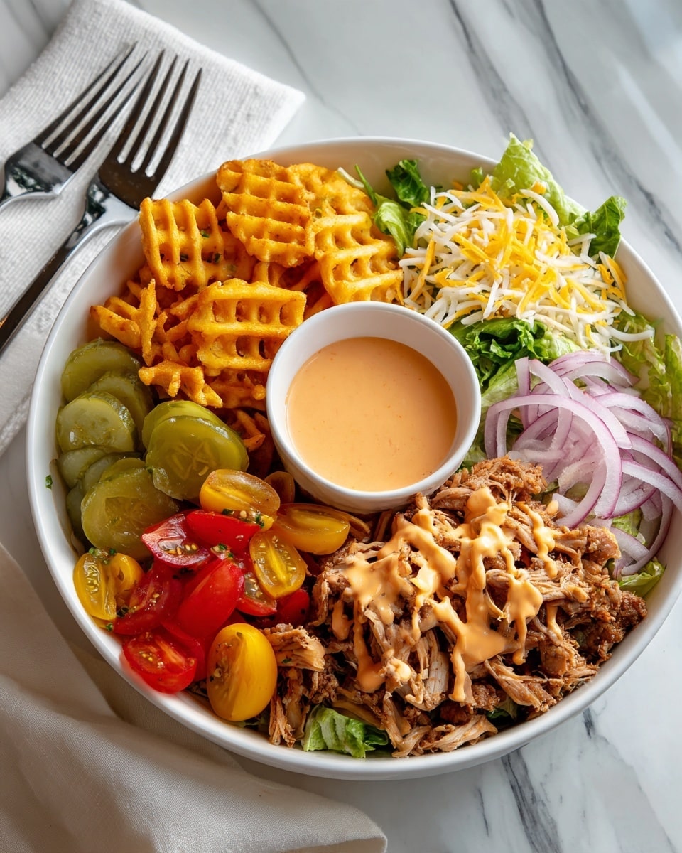 The image shows a white bowl filled with a colorful mix of food. On the left side, there are golden waffle fries stacked in a small pile. Next to them is a small cup of light orange sauce placed in the center. Below the sauce, there is a section of fresh green lettuce pieces mixed with some pickles. To the bottom left of the bowl are sliced red and yellow cherry tomatoes. To the right, crumbled cooked meat is layered with light orange sauce drizzled on top. Beside the meat is a small mound of shredded white and yellow cheese, and thin slices of red onions are scattered near the cheese edge. The bowl is placed against a white marbled surface with a white napkin and a fork in the upper left corner. photo taken with an iphone --ar 4:5 --v 7