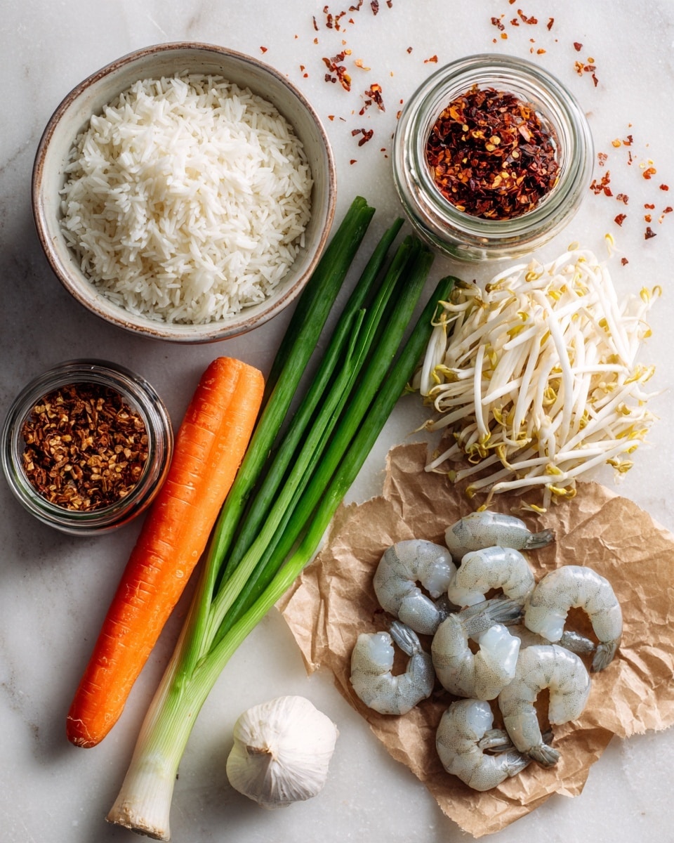 A top view of five main ingredients arranged on a white marbled surface: a bowl of cooked white rice with soft, fluffy grains positioned at the top left; next to it on the right, a pile of white and light green bean sprouts with thin texture; below the rice, a bright orange carrot with a smooth texture laying diagonally, alongside three green onions with dark and light green long thin stalks, and a single garlic clove with white papery skin; on the far right, a cluster of raw shrimp with translucent, pale grey shells and dark tails, placed on crumpled brown paper; near the top right corner, an overturned jar spilling reddish-brown chili flakes scattered around. photo taken with an iphone --ar 4:5 --v 7