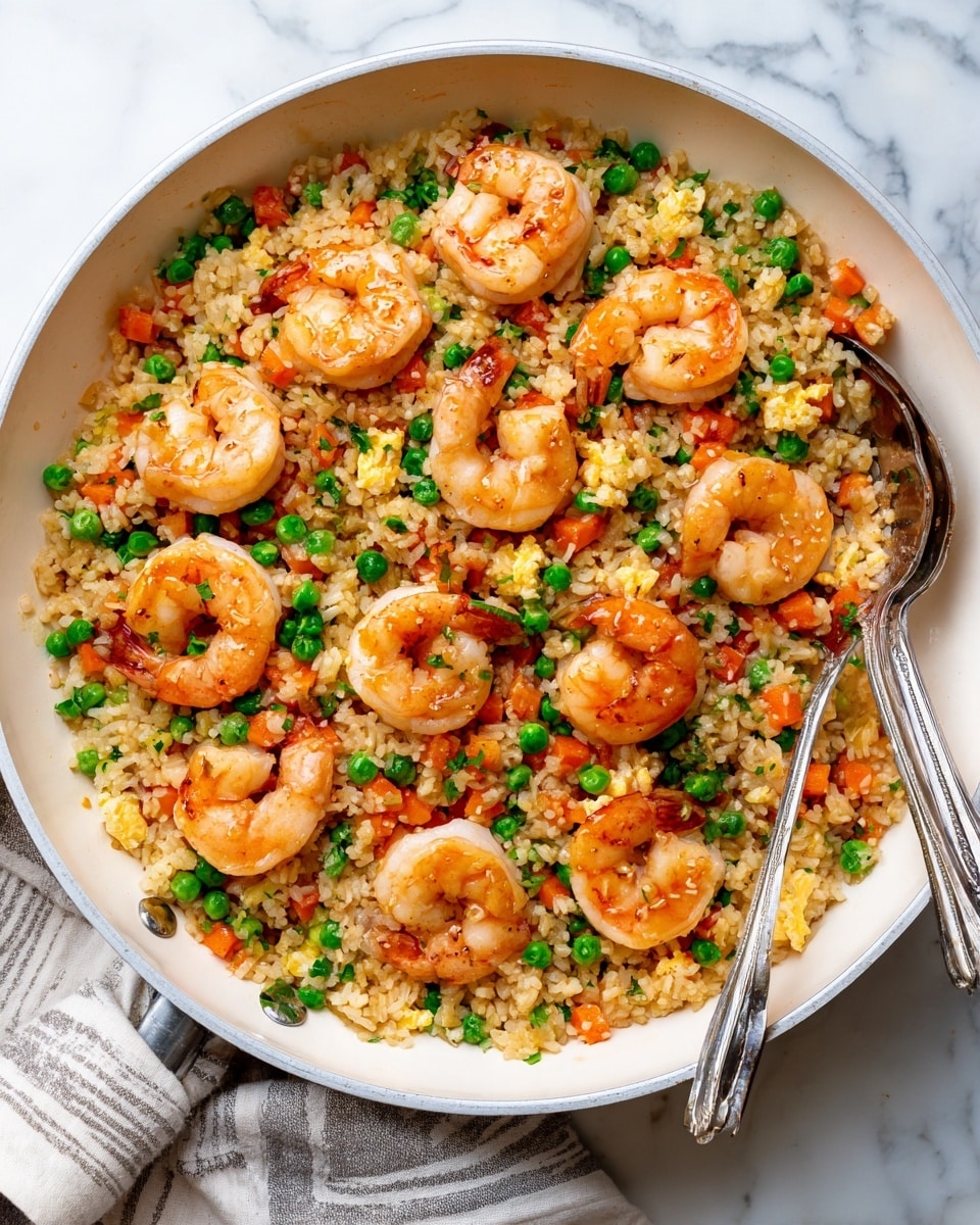 A white shallow pan filled with fried rice that has multiple layers: the base layer is light brown fried rice with small green peas, diced orange carrots, and bits of yellow scrambled eggs mixed evenly throughout; on top, there are many large, pink-orange cooked shrimp placed spread over the rice, each shrimp showing a slight glaze. The pan rests on a white marbled surface, accompanied by a pair of silver utensils on the right side inside the pan. Photo taken with an iphone --ar 4:5 --v 7