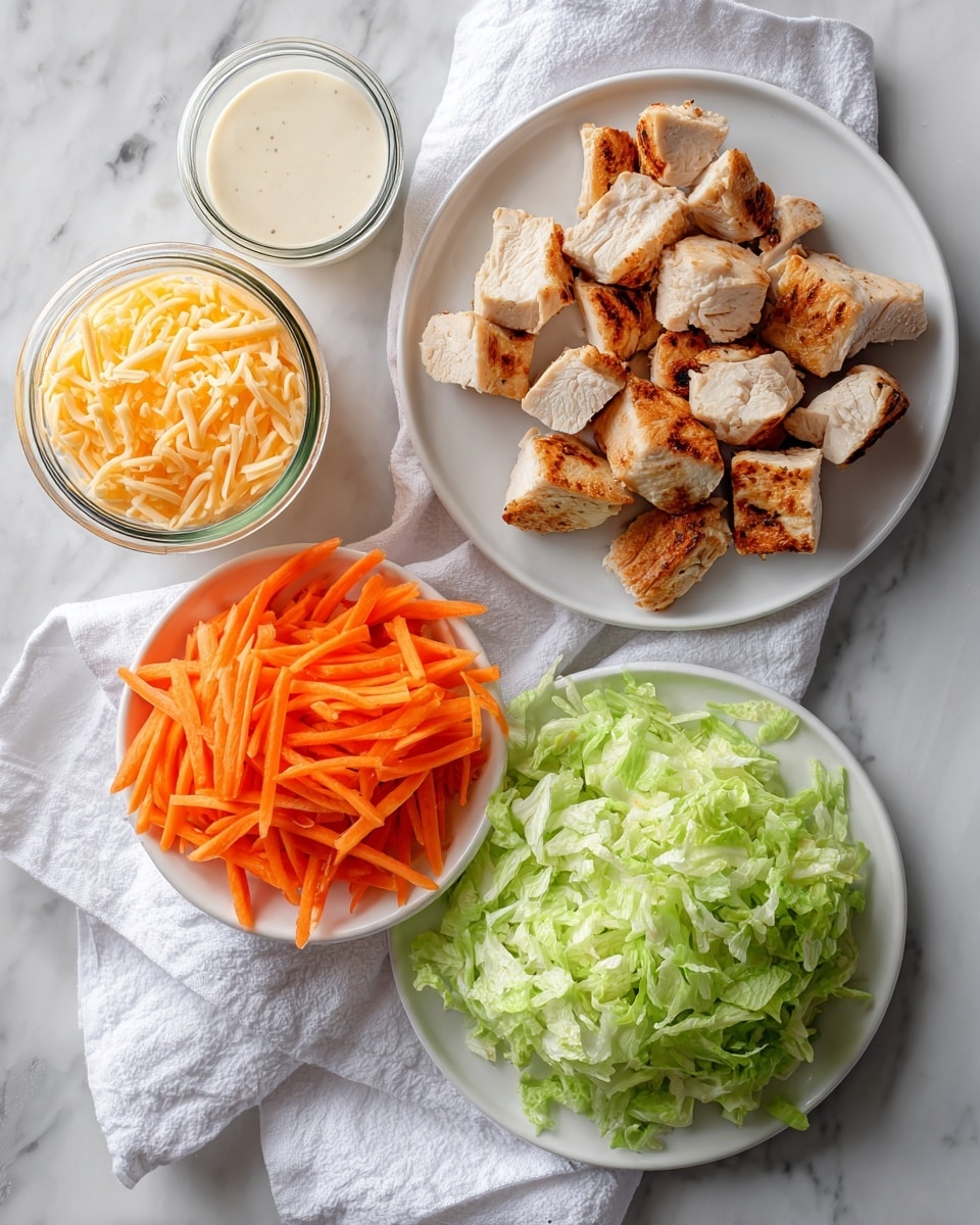 The image shows a white plate with thin strips of orange carrots on the left and shredded light green lettuce on the right, both neatly placed side by side. Above it, there is another white plate with several golden-brown, grilled chicken pieces arranged loosely on the plate. To the left of the chicken plate, there are two small glass jars, one filled with shredded orange cheese and the other with a creamy white sauce. The setup is on a white marbled surface with a white cloth partially visible underneath the jars and plates. photo taken with an iphone --ar 4:5 --v 7