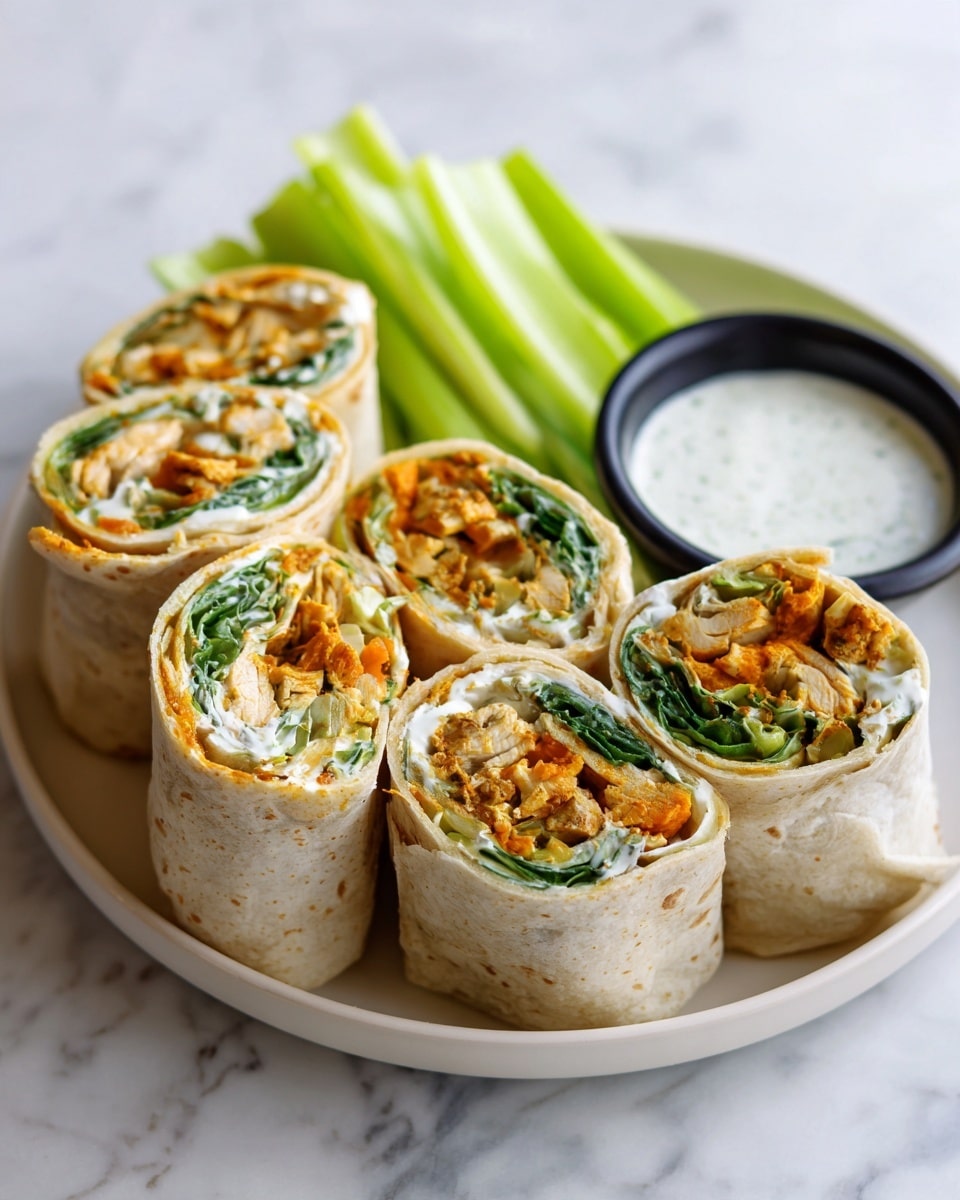 The image shows four soft tortilla wraps on a white plate placed on a white marbled surface. Each wrap is cut in half, revealing layers inside: a creamy white sauce, orange-brown cooked filling with pieces of what looks like chicken, and green leafy vegetables. The wraps are tightly rolled with the filling clearly visible at the top. Next to the wraps, there are fresh celery sticks and a small black bowl filled with a white dipping sauce. The scene is bright and the textures of the tortilla, filling, and fresh vegetables are clear and inviting. Photo taken with an iphone --ar 4:5 --v 7