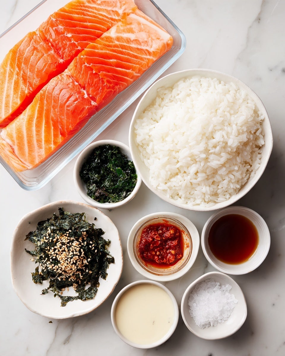 The image shows several ingredients arranged neatly on a white marbled surface. There is a piece of bright orange raw salmon with white stripes placed in a clear container at the top left. Near the center, a white bowl is filled with white rice grains. Surrounding the rice bowl, there are six small white bowls; one holds a light creamy sauce, another contains a dark green and black seaweed mix sprinkled with sesame seeds, and the others have clear or dark liquids, red sauce, and white granulated salt. The overall setup is clean and bright, with each ingredient clearly visible and separated. photo taken with an iphone --ar 4:5 --v 7