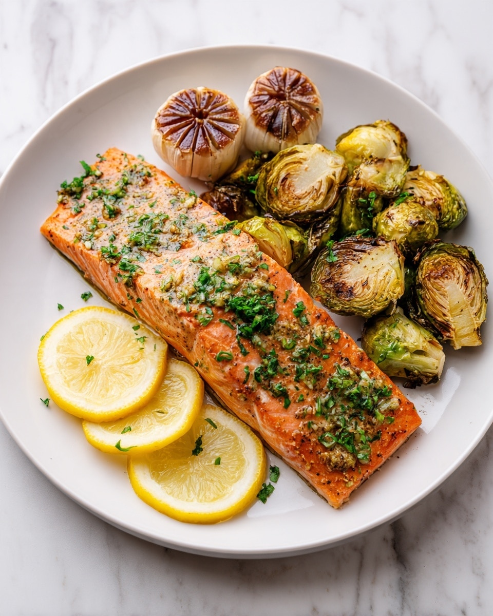 A white plate on a white marbled surface holds a cooked salmon fillet as the main layer, with a bright orange color and a moist texture topped with fresh green herb sprinkles. Below the salmon, there are three round slices of lemon, pale yellow with a soft, slightly translucent look. Around the salmon, on the right side, are roasted Brussels sprouts, showing a mix of golden-brown and green colors with a slightly crispy texture. At the top of the plate, there are two halved garlic bulbs, brown and roasted, with a soft, caramelized appearance. Photo taken with an iphone --ar 4:5 --v 7