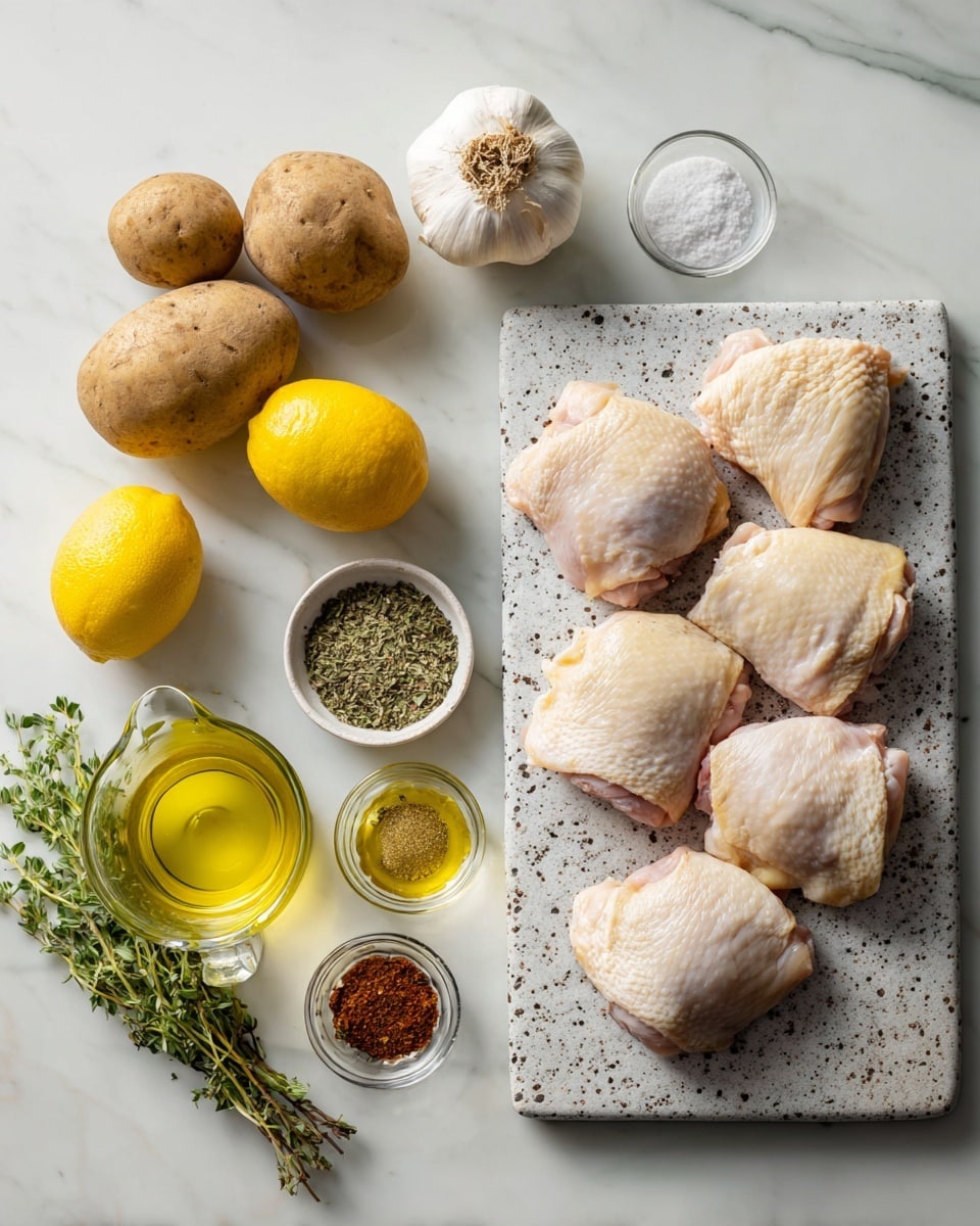 The image shows ingredients neatly arranged on a white marbled surface. On the right, eight raw chicken thighs with pale skin and light pink flesh lay spread out on a light gray speckled cutting board. On the left side, there are three large brown potatoes with rough skin and three bright yellow lemons. Above the potatoes and lemons, a whole white garlic bulb sits near a small glass bowl of mixed dried herbs. Below the garlic is a cup with clear golden olive oil, and further down near a sprig of fresh green oregano, a clear glass pitcher holds a yellowish liquid, possibly broth. Surrounding the herbs and oils, several small glass bowls contain salt, black pepper, ground spices, and paprika. The light and clean setup highlights the fresh and natural ingredients. Photo taken with an iphone --ar 4:5 --v 7